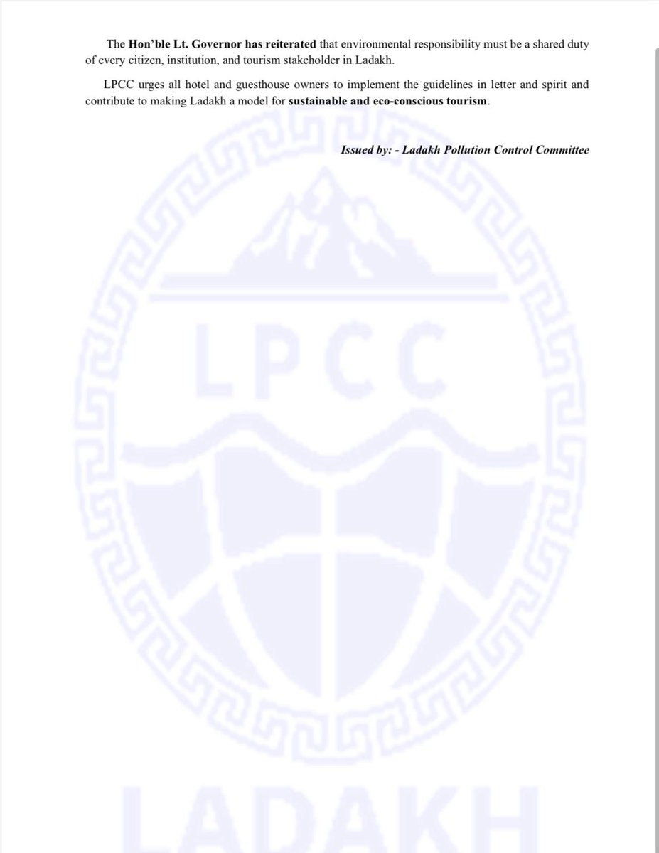 DIPR Leh (@diprleh) on Twitter photo Ladakh Pollution Control Committee issued guidelines for Hotels and Guesthouses.
Read the notice for more details.
<a href="/DIPR_Ladakh/">DIPR Ladakh</a> <a href="/DIPR_Kargil/">DIPR Kargil</a> <a href="/ddnewsladakh/">DD NEWS LADAKH</a> <a href="/Info_Ladakh/">DIRECTORATE OF INFORMATION (LADAKH)</a> Ladakh Pollution Control Committee issued guidelines for Hotels and Guesthouses.
Read the notice for more details.
<a href="/DIPR_Ladakh/">DIPR Ladakh</a> <a href="/DIPR_Kargil/">DIPR Kargil</a> <a href="/ddnewsladakh/">DD NEWS LADAKH</a> <a href="/Info_Ladakh/">DIRECTORATE OF INFORMATION (LADAKH)</a>