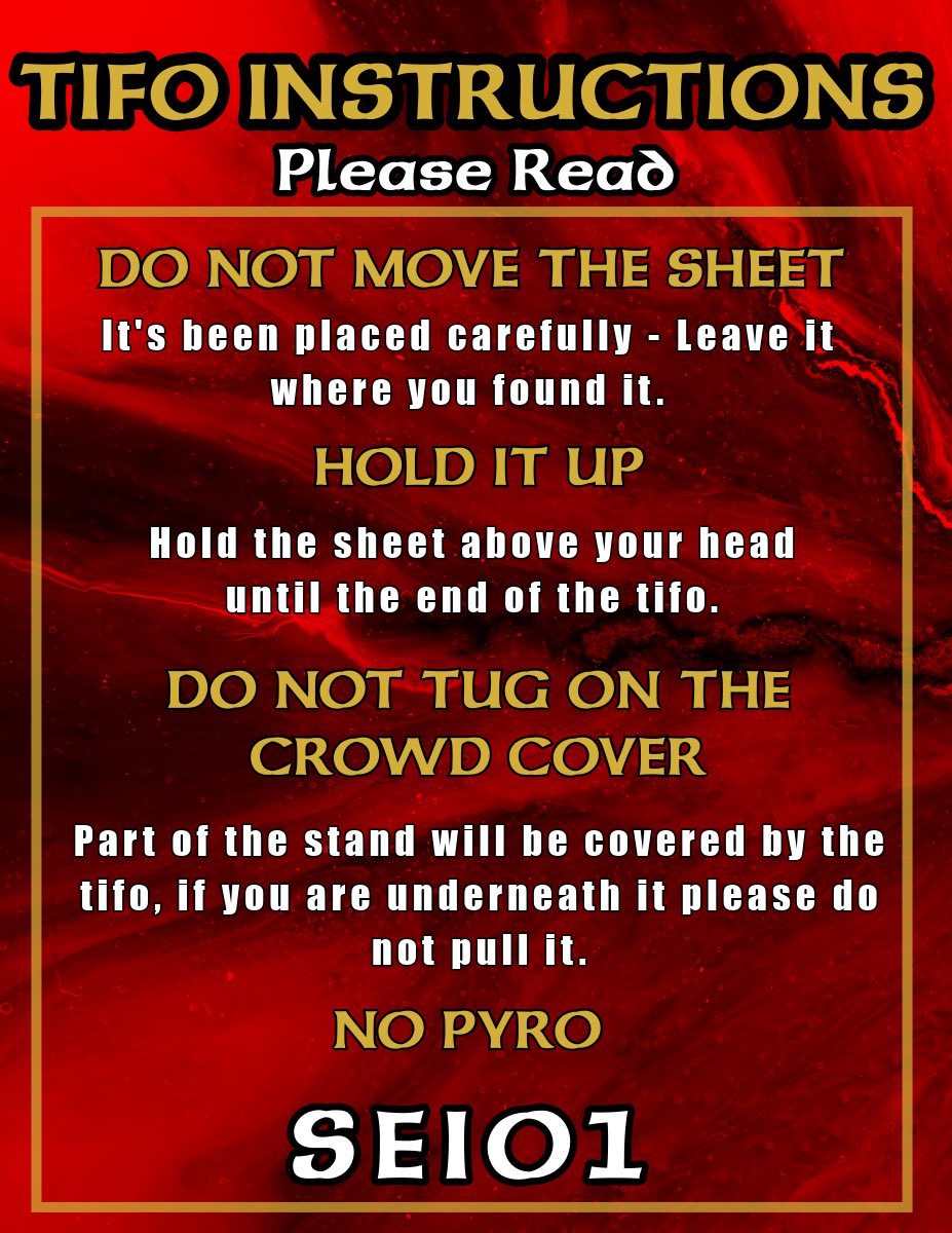We have organised a full North Stand display for tonight's game. Full participation is needed. Please follow the instructions in the graphic below.

In order for it to work, every seat should be occupied. It's important that fans don't push into the middle of the rows or blocks.