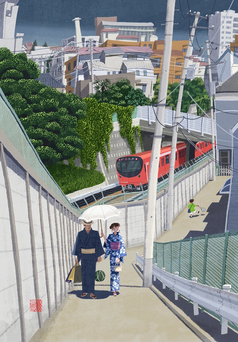 【電車凸凹風景 第21回】『東京メトロ丸ノ内線・小石川界隈』...にわかにかき曇る空。文京区立金富小学校の裏手から丸ノ内線を越え、小石川の丘に上る坂道。
初出：月刊『東京人』2025年8月号
<a href="/tokyo_jin_toshi/">月刊「東京人」</a>
#東京人 #koishikawa #tokyo #japan