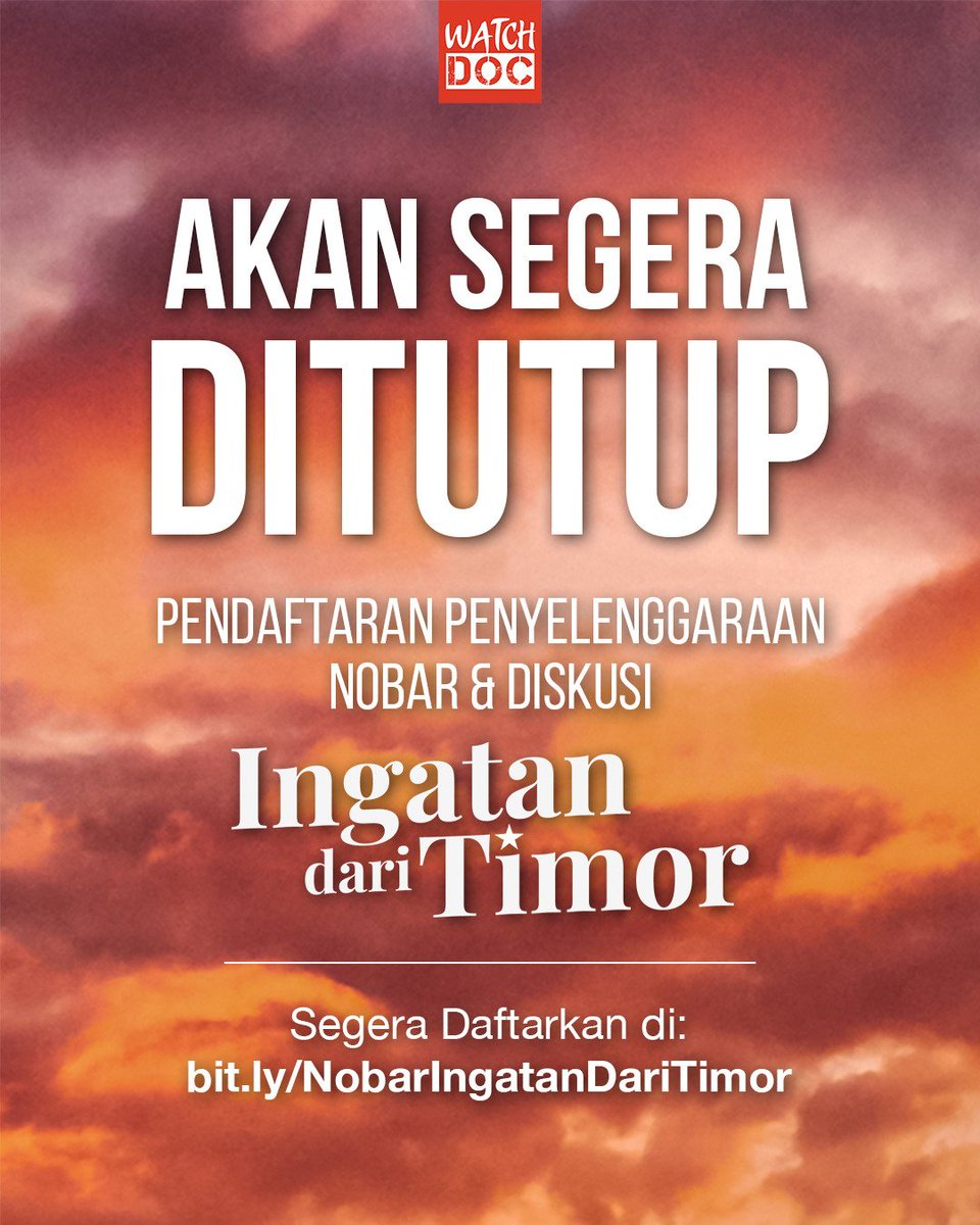 Ayo segera daftarkan komunitas kamu di:
bit.ly/NobarIngatanDa…

Pendaftaran akan segera ditutup hari ini, 7 Agustus 2025, Jam 23.00 WIB.

Syaratnya:
* Terbuka untuk umum
* Mandiri dan non-komersial
* Minimal 15 penonton
* Wajib posting publikasi &amp; dokumentasi nobarnya dengan