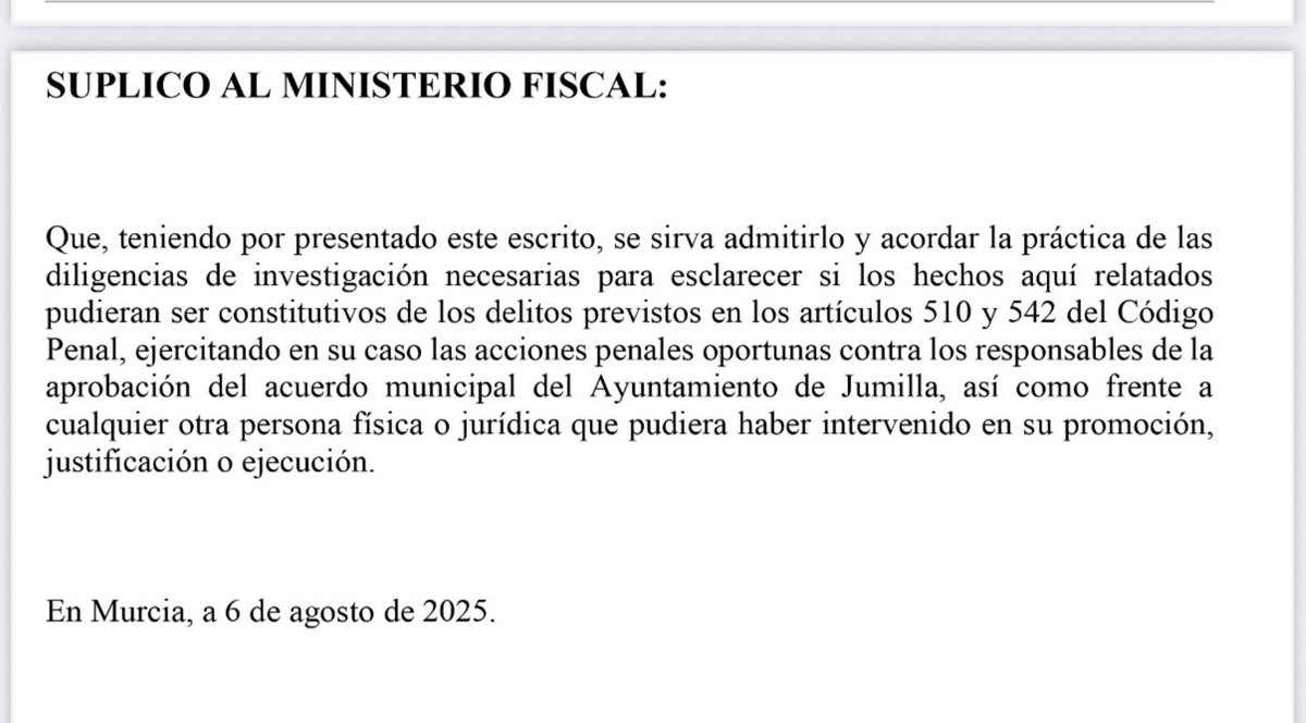 ✍️Sobre lo ocurrido en Jumilla. La denuncia de <a href="/PODEMOS/">Podemos</a> a fiscalía, y el argumento que esgrime el PP, que con su enmienda modificó algo la moción racista de VOX. 
📸Denuncia👇Hilo 🧵