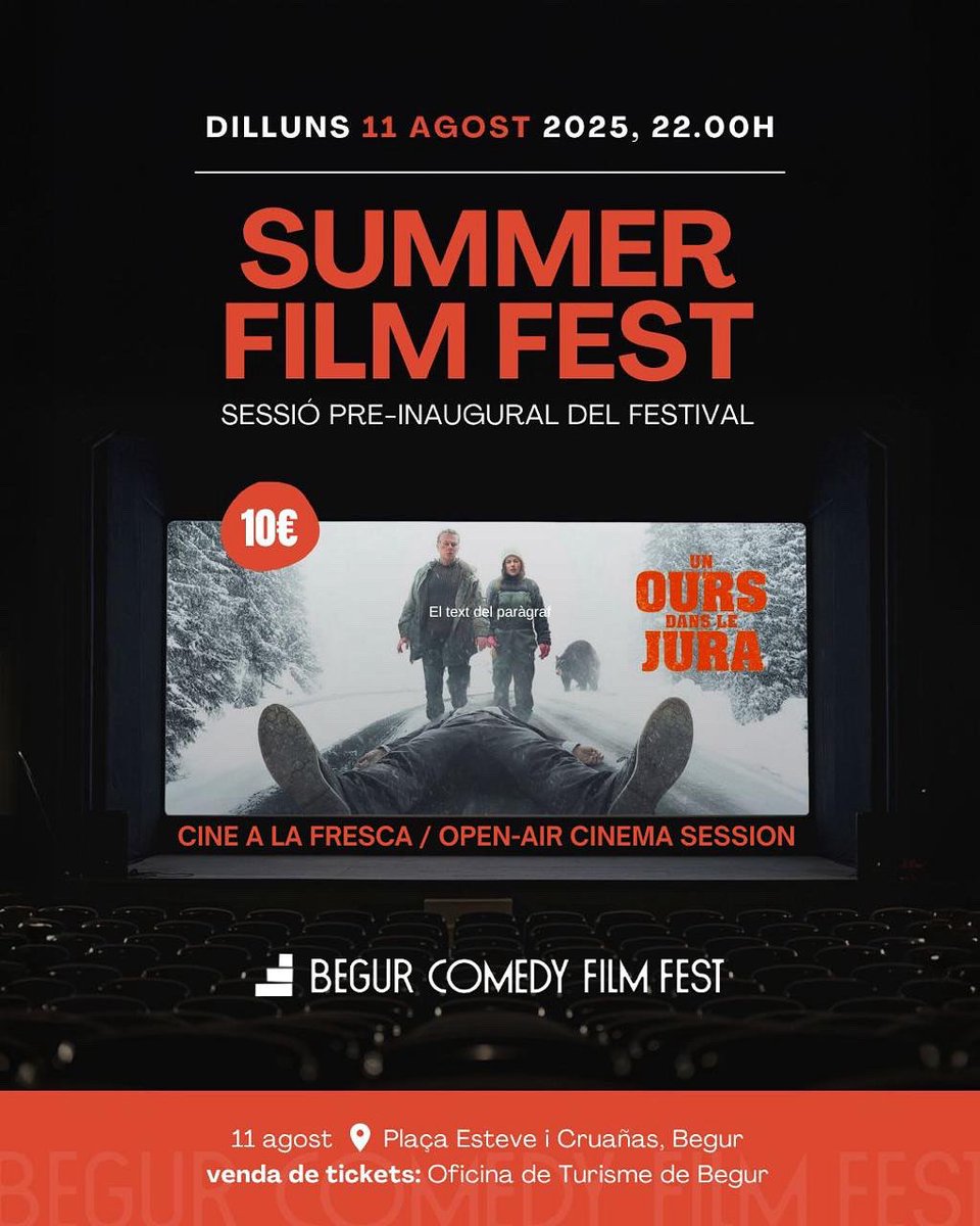 Ajuntament de Begur (@ajbegur) on Twitter photo 📢 L'11 d'agost gaudeix del cinema a la fresca #Begur amb el Summer Film Festival, com a preàmbul de la nova edició del <a href="/Begurfilmfes/">Begur Costa Brava International Film Festival</a>!
📽️ Es projectarà la pel·lícula ‘Un ours dans la Jura’, en V.O.S.E del cineasta Franck Dubosc.
🔎 Tots els detalls a: begur.cat/noticies/gaude… 📢 L'11 d'agost gaudeix del cinema a la fresca #Begur amb el Summer Film Festival, com a preàmbul de la nova edició del <a href="/Begurfilmfes/">Begur Costa Brava International Film Festival</a>!
📽️ Es projectarà la pel·lícula ‘Un ours dans la Jura’, en V.O.S.E del cineasta Franck Dubosc.
🔎 Tots els detalls a: begur.cat/noticies/gaude…