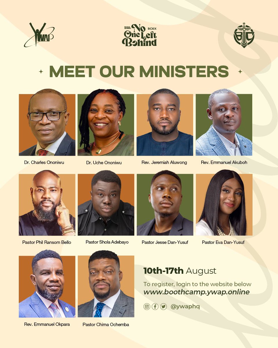 YWAPhq's tweet photo. BoothcampXIX is almost here!🥳🥳🥳

One of the best things about camp is the gift of God's word. These are the men/women of God that will bless us this year. We're so excited because it'll be such a wonderful time in God's presence.

#NoOneLeftBehind 
#ywapbcxix 
#bcxix https://t.co/rqcWNmwBX3