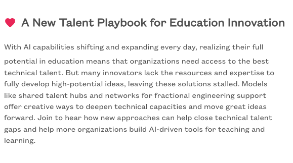 RenPhilanthropy's tweet image. How can education organisations access the tech talent needed to build effective AI tools?

Vote for our proposed session with @KumarAGarg at #SXSWEDU 2026 to find out: participate.sxsw.com/flow/sxsw/sxsw…
