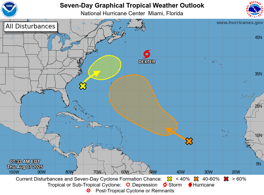 8am EDT 8/7: #Dexter and a couple of disturbances are being monitored across the basin, but none of these pose any threat to land through at least early next week.