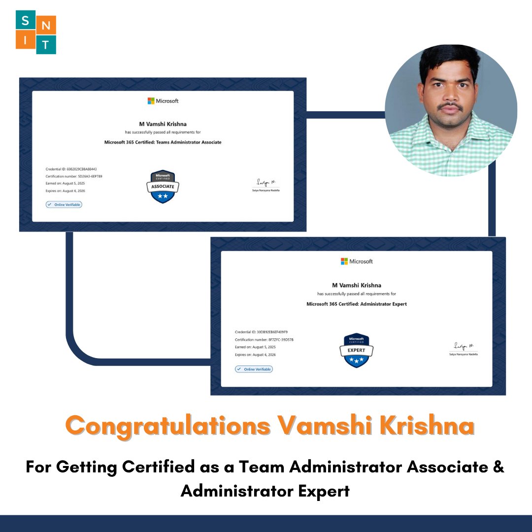 snit_training's tweet image. Congratulations Vamshi Krishna

On clearing the Team Administrator Associate &amp;amp; Administrator Expert

SNIT Solutions Pvt Ltd wishes you Good luck and success in your future endeavors.
#azurecertification #azurecloud #certificationcourse #azurecloud #snittraininginstitute