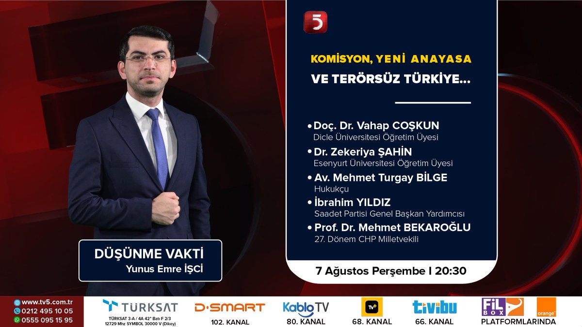 -Partiler ortak zeminde buluşabilecek mi?
-Yeni Anayasa Terörsüz Türkiye’nin teminatı mı?
-Toplumsal barış için hangi adımlar atılmalı?

<a href="/Yunus_emretv/">Yunus Emre İşci</a> soruyor, <a href="/vahap_coskun/">Vahap Coşkun</a>, <a href="/SahinZsahin/">Zekeriya Şahin</a>, <a href="/TurgayBilge/">M. Turgay BiLGE</a>, <a href="/YildizAv/">Av. İbrahim Yıldız</a> ve <a href="/MBekaroglu/">Mehmet Bekaroğlu</a> cevaplıyor. 

#DüşünmeVakti bugün 20:30'da TV5'te