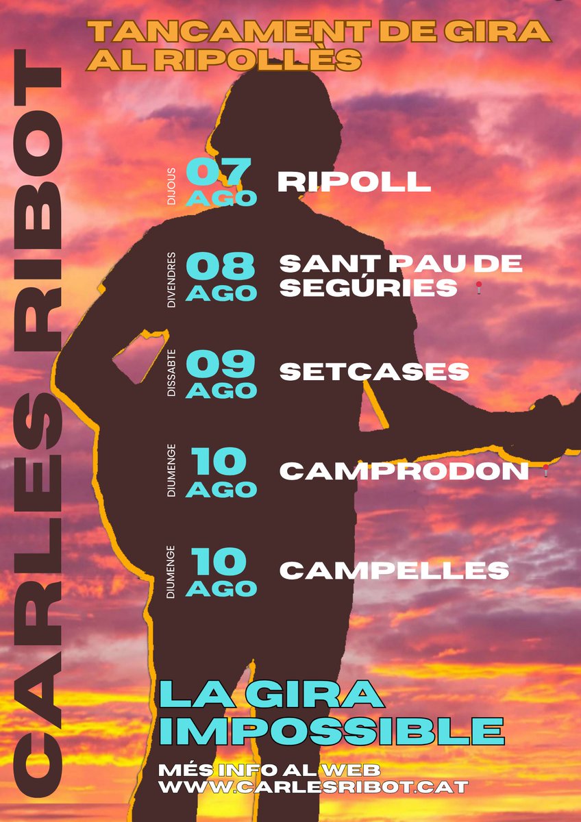 ✨ Estic dins un somni? 🤩 Sembla que sí!
🎸 Amb quasi 50 concerts, tanquem etapa al Ripollès!
📍Del 7 al 10 d’agost: Ripoll, Sant Pau, Setcases, Camprodon i Campelles
🎟️ Entrada lliure
🔗 carlesribot.cat

#CarlesRibot #lagiraimpossible #ripollès #catalunya #catalandream
