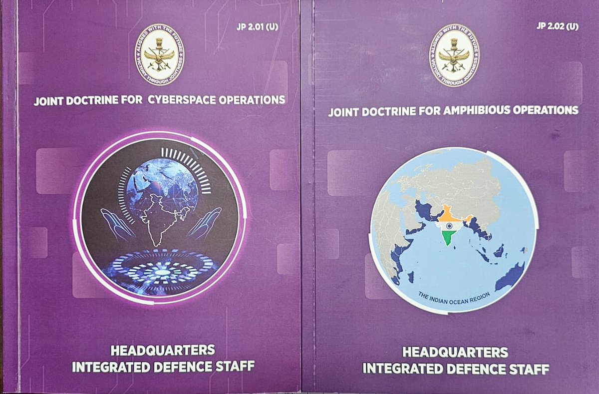 DefProdnIndia's tweet image. Chief of Defence Staff (#CDS) #GeneralAnilChauhan and Secretary, Department of Military Affairs formally released the declassified versions of the Joint Doctrines for #Cyberspace Operations and Amphibious Operations during the Chiefs of Staff Committee meeting in #NewDelhi on…