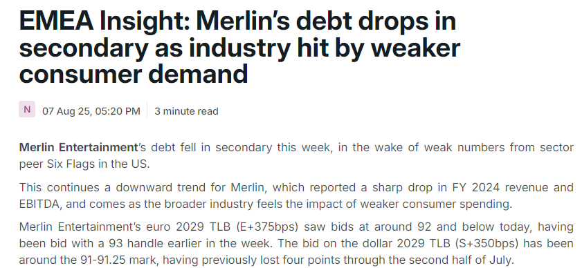 Merlin Entertainments' loans and bonds have dropped in secondary this week on the back of broader industry concerns and after reporting 15% drop in FY 24 EBITDA - full story on the LFI/CreditSights platform v2.creditsights.com/articles/10455…
#leveragedloans #highyieldbonds $Merlin