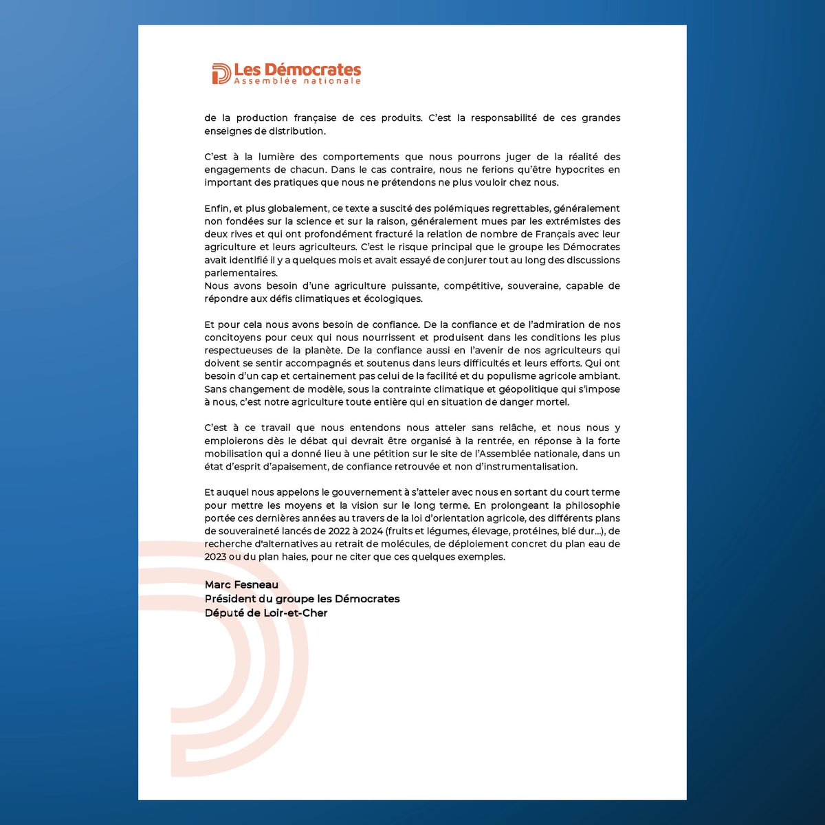 Les Démocrates (@deputesdem) on Twitter photo Décision du Conseil constitutionnel sur la Loi visant à lutter contre les entraves à l’exercice du métier d’agriculteur : retrouvez le communiqué de <a href="/MFesneau/">Marc Fesneau</a> et du groupe Les Démocrates ⬇️
Nous prenons acte de la décision du Conseil constitutionnel relative à la loi visant à Décision du Conseil constitutionnel sur la Loi visant à lutter contre les entraves à l’exercice du métier d’agriculteur : retrouvez le communiqué de <a href="/MFesneau/">Marc Fesneau</a> et du groupe Les Démocrates ⬇️
Nous prenons acte de la décision du Conseil constitutionnel relative à la loi visant à