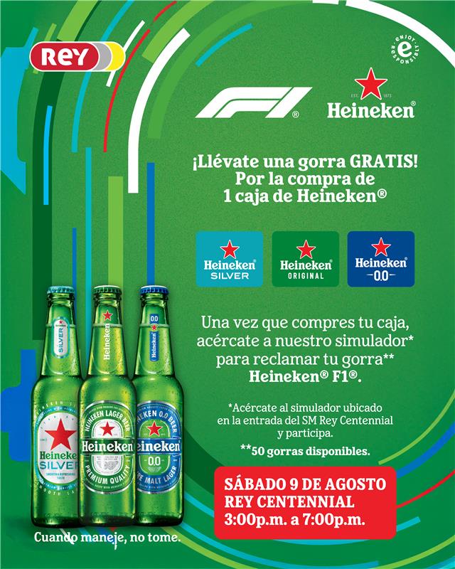 🏁 ¡La emoción de la F1® llega a Rey Centennial con Heineken®! 🍻
📍 Este sábado en Rey Centennial, de 3:00 p.m. a 7:00 p.m., vive una experiencia única con nuestro simulador de F1®.
¿Te animas a sentir la velocidad? 🏎️💨
🎁 Además, por la compra de 1 caja de cualquier variante