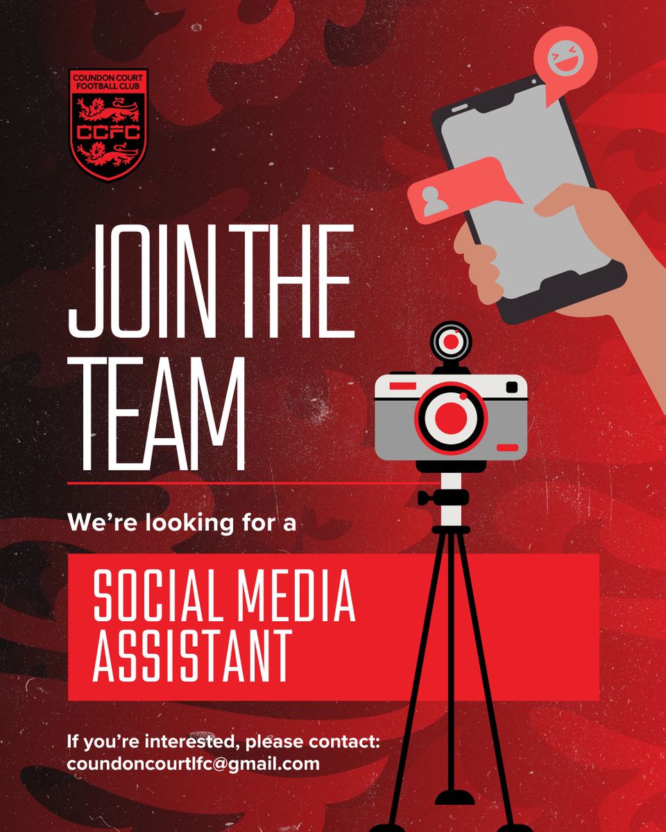 Coundon Court LFC (@coundoncourtlfc) on Twitter photo Weโre looking for a Social Media Assistant! โฝ๏ธ๐ฅ
๐ด Mentorship from our Media Manager
โซ๏ธ Creative collabs with Jade Brand Agency
๐ฑ Content creation & live match updates
๐ฅ Perfect for students or professionals who want to give back
DM us to get involved! Weโre looking for a Social Media Assistant! โฝ๏ธ๐ฅ
๐ด Mentorship from our Media Manager
โซ๏ธ Creative collabs with Jade Brand Agency
๐ฑ Content creation & live match updates
๐ฅ Perfect for students or professionals who want to give back
DM us to get involved!
