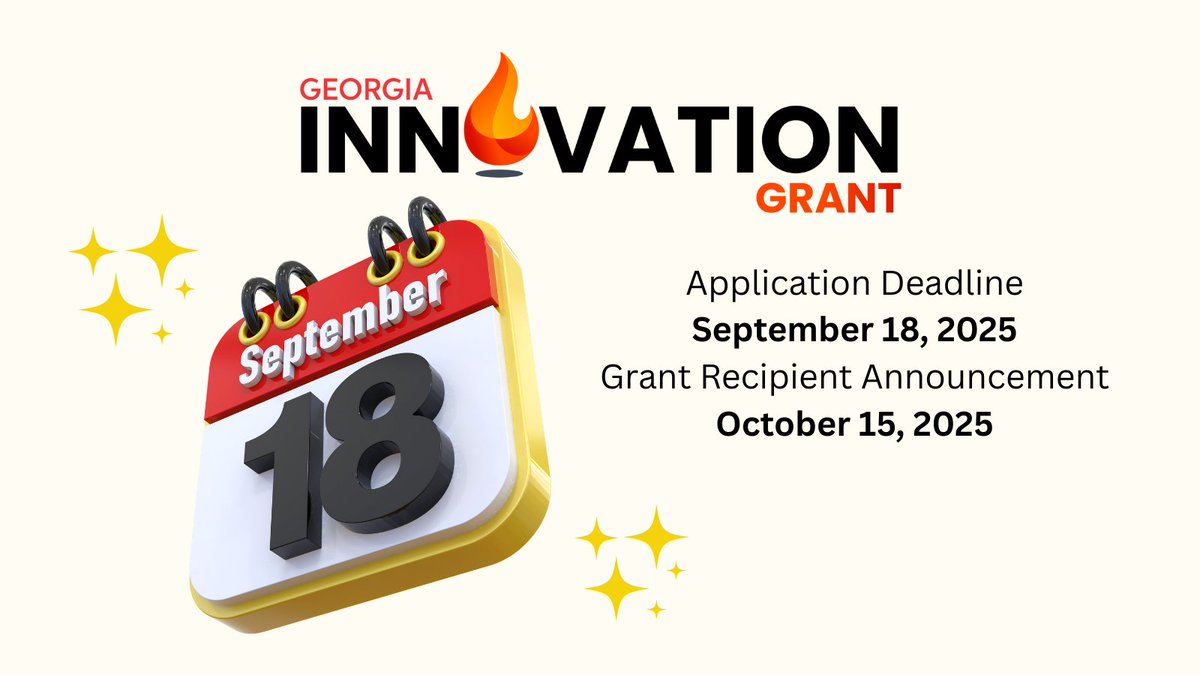 Georgia Educational Technology Conference (@gaetconf) on Twitter photo Get ready to turn your innovative ideas into reality! The GA Innovation Grant application window is officially open.
Application Deadline: Sept 18, 2025
Recipient Announcement: Oct 15, 2025
Learn more and apply today at grants.gaetc.org
#GaETC25 #PassportToInnovation Get ready to turn your innovative ideas into reality! The GA Innovation Grant application window is officially open.
Application Deadline: Sept 18, 2025
Recipient Announcement: Oct 15, 2025
Learn more and apply today at grants.gaetc.org
#GaETC25 #PassportToInnovation