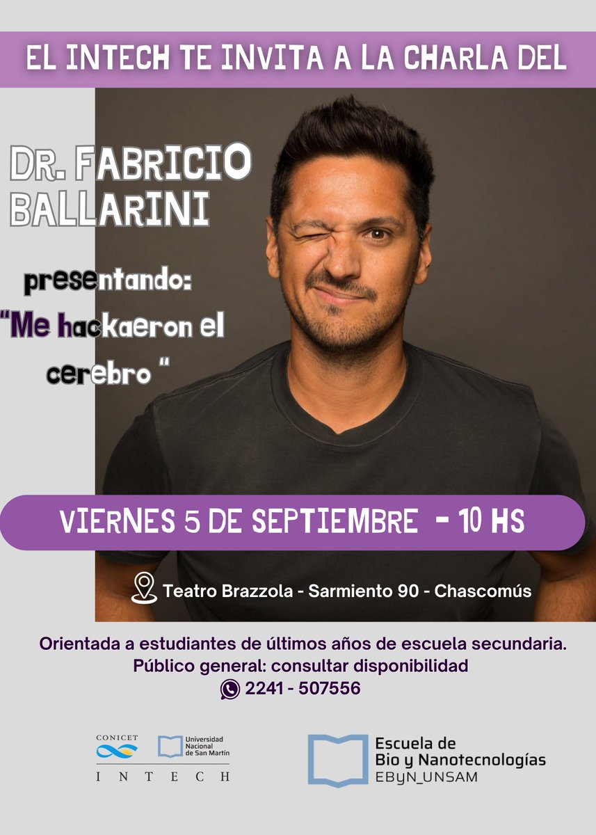 Te invitamos a esta charla que nos propone Fabricio Ballarini, Cientifico de CONICET, gran divulgador de la ciencia, titulada "Me hackearon el cerebro", donde nos hablará desde una mirada biológica acerca del impacto de los celulares, redes sociales y la adolescencia.