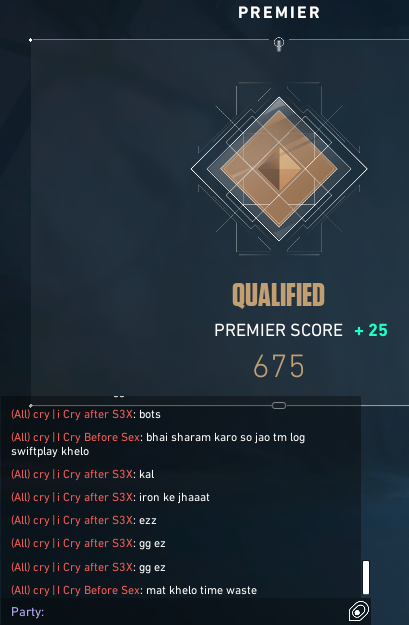 _bunnyy_69's tweet photo. Crazy how even in Premier — a mode meant to feel like real esports — we still run into toxic, abusive players. Trash talk is one thing, but constant harassment ruins the experience. @riotgames, this needs stricter action. 
Team name - WE CRY#CRY 
REGION - South Asia (Elite 5) https://t.co/SFVOjZ1o3J