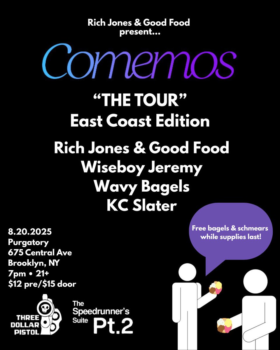 richjonesmusic.bsky.social (@jonessoruthless) on Twitter photo Hey Brooklyn - <a href="/GoodFoodMusic/">𝑮ood 𝑭ood</a> <a href="/wiseboyjeremy/">jer</a> <a href="/wavy_bagels/">Wavy Bagels</a> <a href="/KC_slater/">Kevin Cornell</a> + myself are at Purgatory 8.20! Only stop of this tour run w/ me + Food together AND we got free bagels + schmears while supplies last 👊
Tix
link.dice.fm/Re8f995e0ff9 Hey Brooklyn - <a href="/GoodFoodMusic/">𝑮ood 𝑭ood</a> <a href="/wiseboyjeremy/">jer</a> <a href="/wavy_bagels/">Wavy Bagels</a> <a href="/KC_slater/">Kevin Cornell</a> + myself are at Purgatory 8.20! Only stop of this tour run w/ me + Food together AND we got free bagels + schmears while supplies last 👊
Tix
link.dice.fm/Re8f995e0ff9