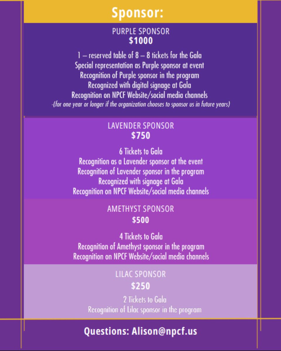 Visions in Violet Gala Sponsorship
We’re inviting local businesses, organizations, and individuals to partner with us.
Align your brand with a nonprofit committed to pancreatic cancer education, support, and advocacy. 
Partner recognition at the Gala and promotional materials.