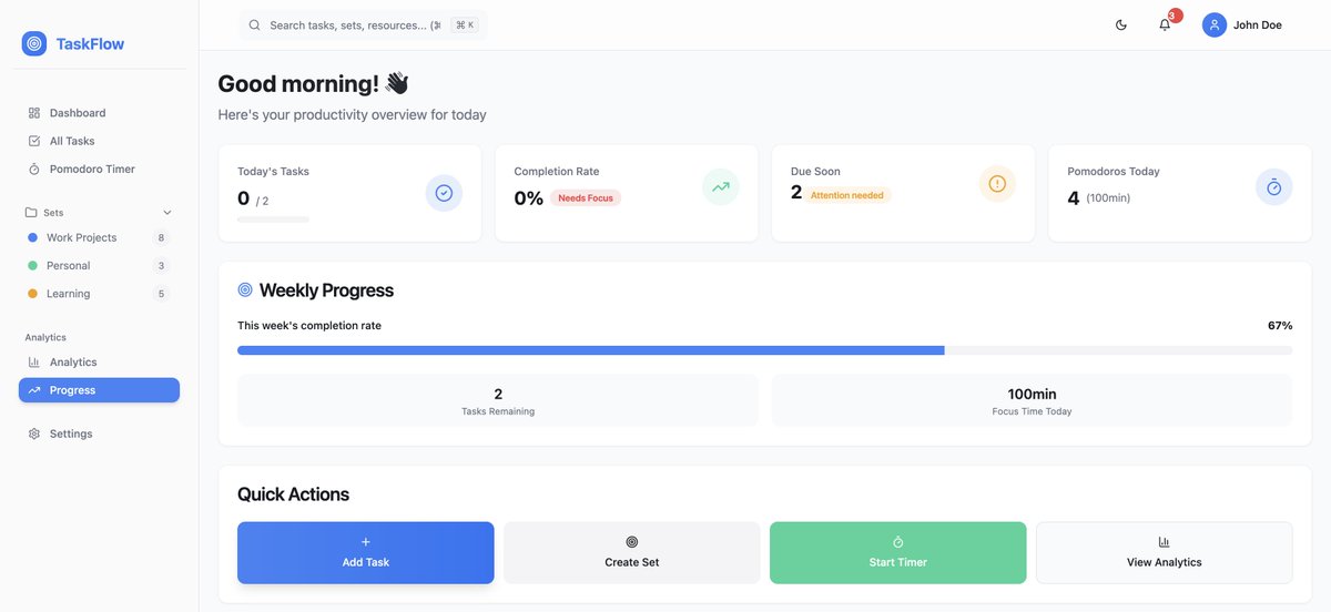 vaidikkv's tweet image. Hi! I&apos;m building TaskFlow - a productivity app that tracks tasks at the velocity of my thoughts

Features:
• Quick task capture with sets/categories
• Built-in Pomodoro timer
• Resource management alongside tasks
• Minimal but powerful UI

Would anyone else find this useful?