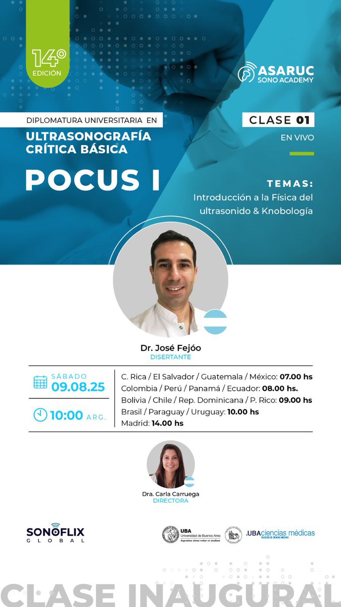 📍 ¡Este 9 DE AGOSTO 
 comienza la diplomatura POCUS I!
Y la clase inaugural es 
ABIERTA y GRATUITA 🆓

👉 Ideal para quienes quieren introducirse al ultrasonido en emergencias y clínica
👉 Conocé a les docentes y resolvé tus dudas en vivo

Link: us02web.zoom.us/j/89506653146