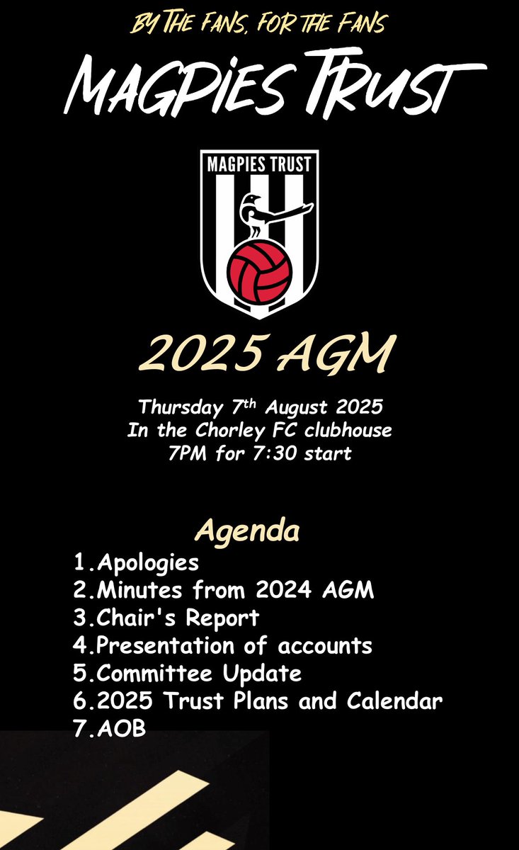 Here’s the Agenda for tonight’s Magpies Trust AGM. Doors open at 7 for a 7:30 start. Unfortunately there will be no live feed but the meeting will be minuted for those that can’t attend.