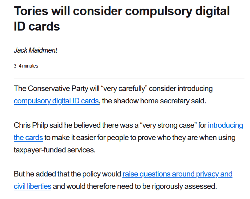 The UK formally rejected ID Cards twice in history through the repealed National Registration Act [1952] &amp; Identity Documents Act [2010].

The immigration argument has more holes than Swiss cheese. The Uniparty need to understand one thing:

WE ARE NOT A 'PAPERS PLEASE' SOCIETY