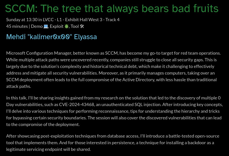 Don't miss <a href="/kalimer0x00/">kalimero</a> at #DEFCON33! 
His talk, "SCCM: The Tree That Always Bears Bad Fruits", covers modern attack paths and abuse techniques in Microsoft SCCM, with a focus on internals, post-exploitation, and persistence! defcon.org/html/defcon-33…
#DEFCON #SCCM