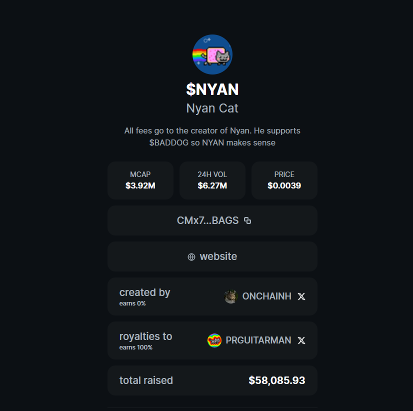 on chain (@onchainh) on Twitter photo $60,000 in fees raised for one of the most famous memes of all time.
Glad our gesture was well received by <a href="/PRguitarman/">âChrisâ</a> .
$NYAN holds a special place in all of our hearts. $60,000 in fees raised for one of the most famous memes of all time.
Glad our gesture was well received by <a href="/PRguitarman/">âChrisâ</a> .
$NYAN holds a special place in all of our hearts.