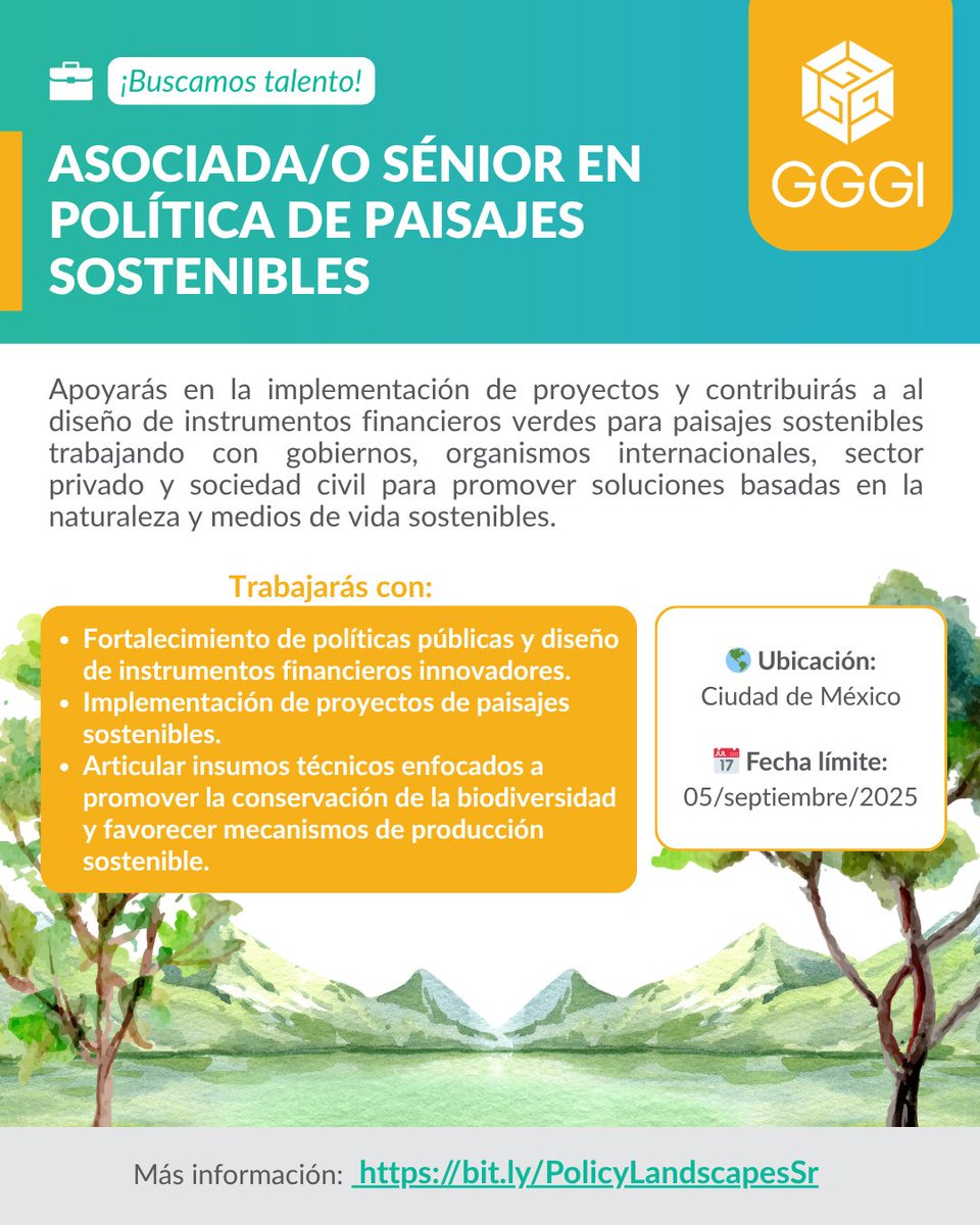 🌿 ¿Te interesa contribuir a la formulación de políticas públicas enfocadas al manejo sostenible y la conservación de paisajes en México? ¡Esta #Vacante es para ti!​

Buscamos a una persona con experiencia en gestión de proyectos, producción sostenible y soluciones basadas en la