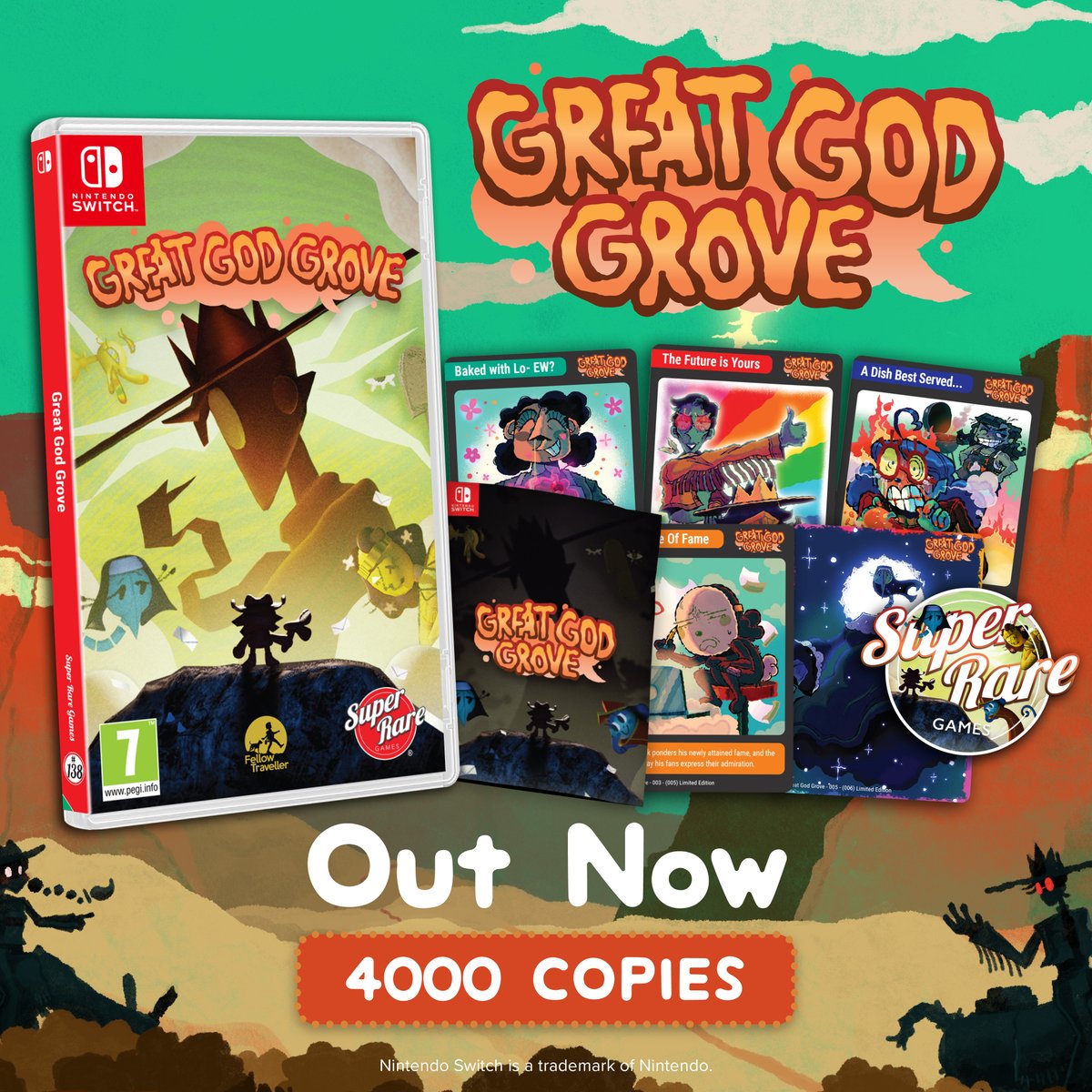 🐴 GREAT GOD GROVE is NOW available physically for Nintendo Switch! GRAB IT BELOW!
It comes with unique brand spankin' new art featured on trading cards &amp; more! Compatible with Switch 1 &amp; 2 systems! Limited copies available, so hop on it if you've got a hankerin'! 
YEEHAW!