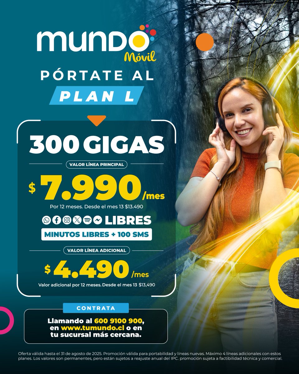 📱 ¡Todo lo que necesitas en un solo plan!
Llévate 300 GB, redes sociales libres y minutos ilimitados por solo $7.990 al mes.

Pórtate a Mundo Móvil y disfruta de más conexión, sin gastar de más. 📶✨

#Mundo #TuMundo #MundoMóvil