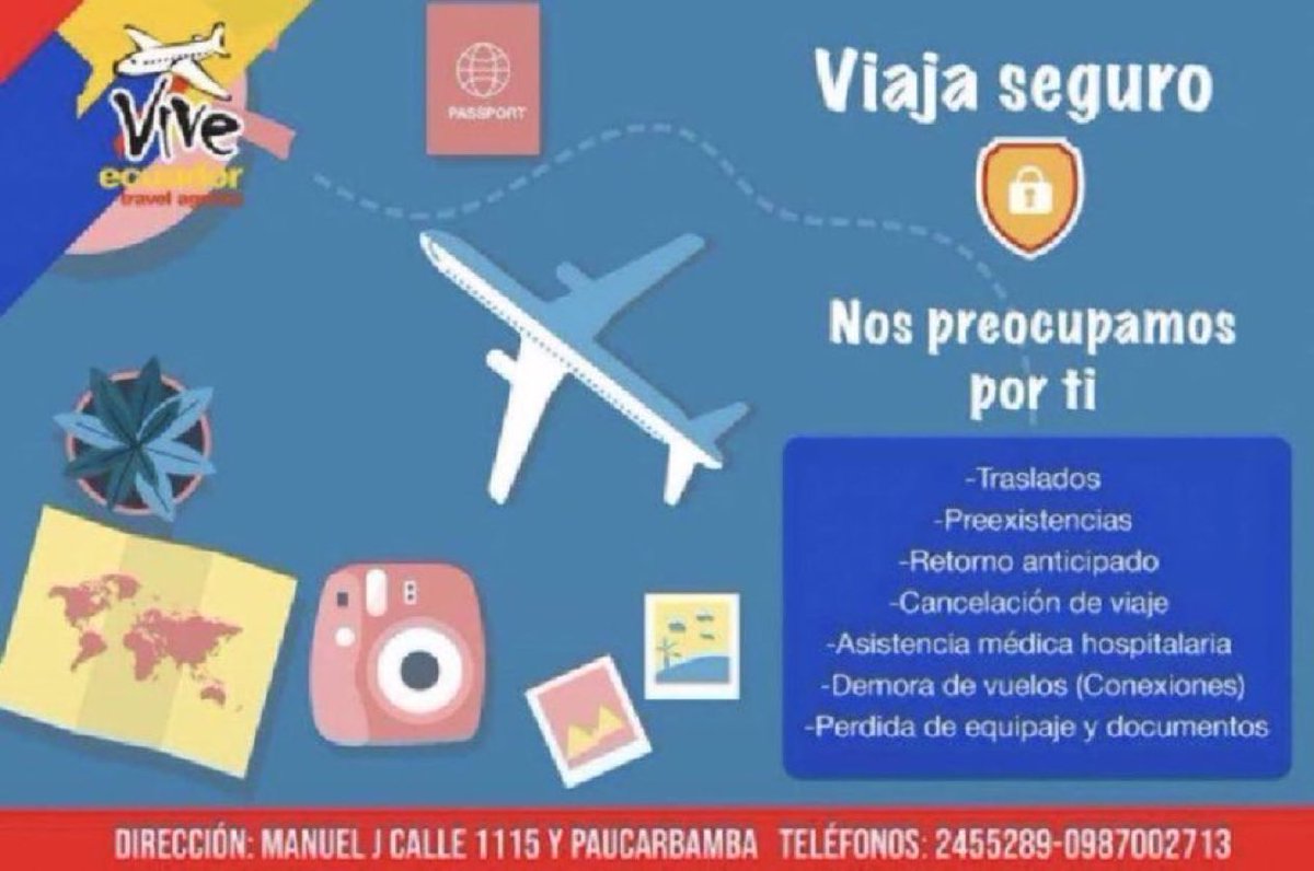 ¿ Te gustaría sentirte protegido durante tu viaje ? 
¡¡ Compra con nosotros  tu plan de seguro para viajeros !! 
 Somos #ViveEcuador Travel Agency 
📱0987002713
#FelizJueves ✈️🛳