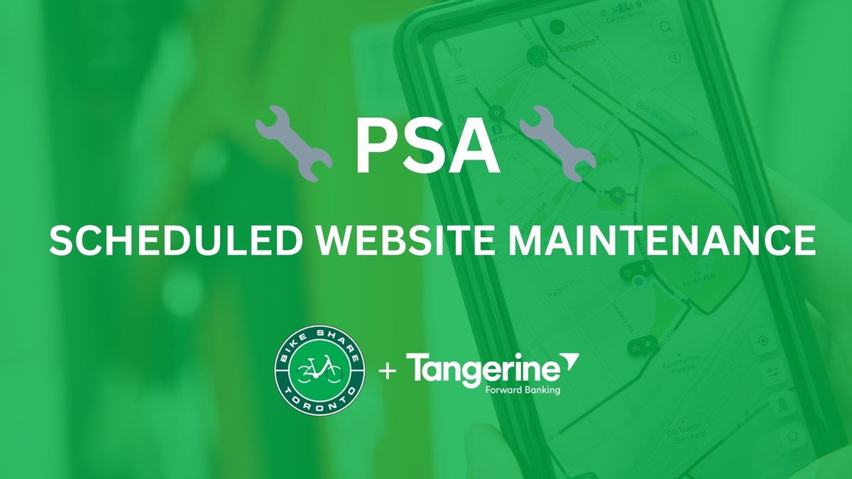 Bike Share Toronto (@bikeshareto) on Twitter photo 🔧 Scheduled Website Maintenance Notice
We'll be performing updates on our website between 12 AM - 1AM EST tonight. During this, the website will experience downtime and will not be accessible. 
For purchasing and unlocking bikes, please use the Bike Share Toronto app: 🔧 Scheduled Website Maintenance Notice
We'll be performing updates on our website between 12 AM - 1AM EST tonight. During this, the website will experience downtime and will not be accessible. 
For purchasing and unlocking bikes, please use the Bike Share Toronto app:
