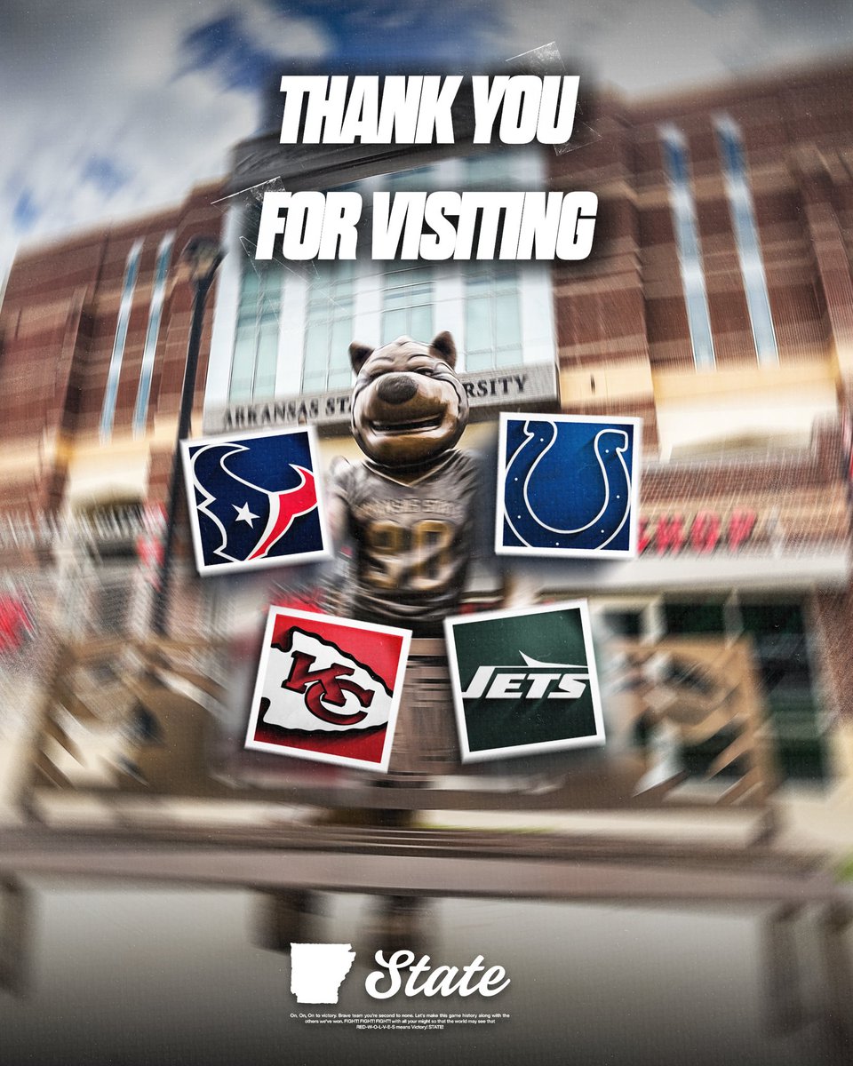 Huge thank you to the New York Jets, Indianapolis Colts, Houston Texans, and the Kansas City Chiefs for coming out to Jonesboro to see what Red Wolf Football is all about! 

#WolvesUp🐺 I #PoundTheRock🪨🔨