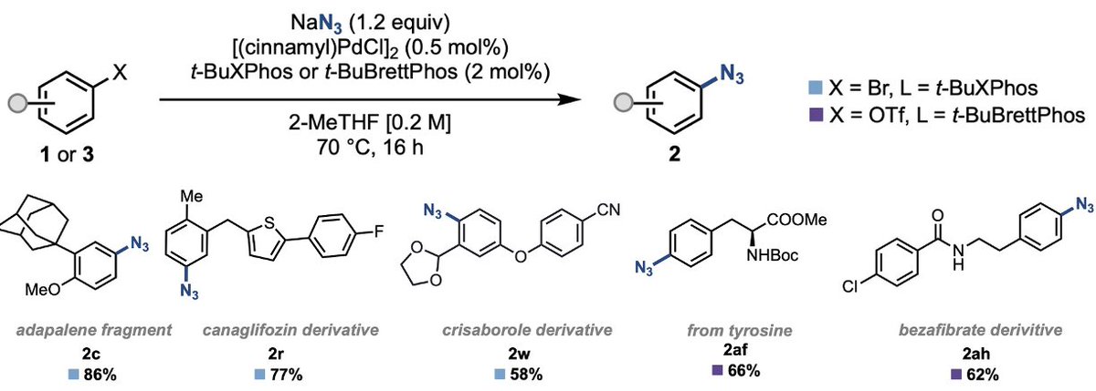 Adding to the growing toolbox of aryl azide syntheses: From <a href="/Shangyu_Li/">Shangyu Li</a> on <a href="/ChemRxiv/">ChemRxiv</a>, Pd-catalyzed coupling of ArBr/ArOTf with NaN3. This reaction is trickier than it looks: as we show, [LPd-N3]2 dimers form with many L's &amp; the pdt can inhibit Pd(0).

doi.org/10.26434/chemr…