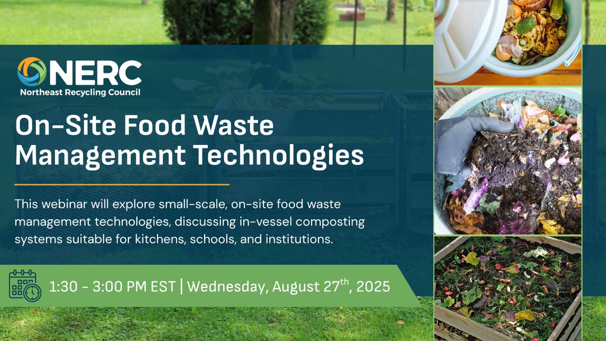 Join us Wednesday, August 27th from 1:30 - 3:00 PM ET where we will be joined by experts from, Compost for Good, Delaware Solid Waste Authority, Housatonic Resource Recovery Authority, and CET. 

Register now: nerc.org/on-site-food-w…