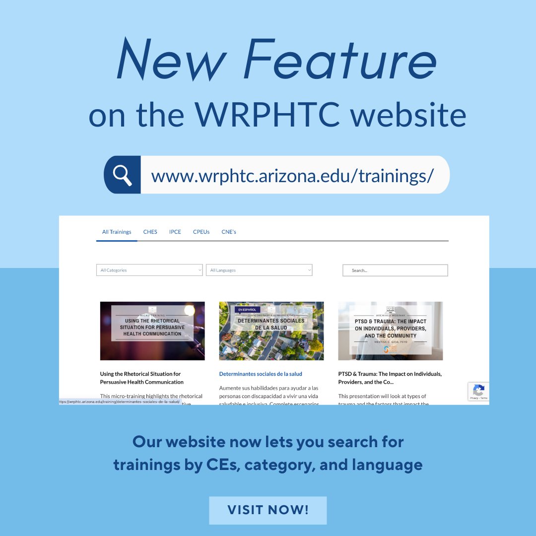 WRPHTC's tweet image. 🎉 New website feature!
Finding the right training just got easier.
Our training library now lets you search by CE type, category, and language making it simple to find exactly what you need.
🔍 Explore free public health trainings today: wrphtc.arizona.edu/trainings