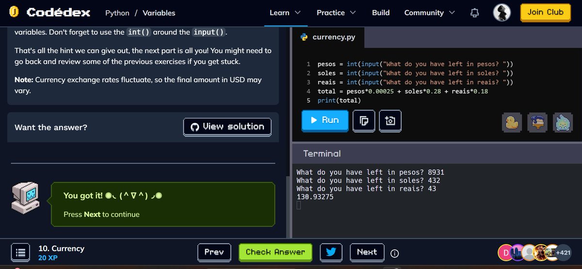 Coderbot_18's tweet image. Currency 💵
 #CodedexCurrency @codedex_io 
After so many tries, finally I got it right 😭