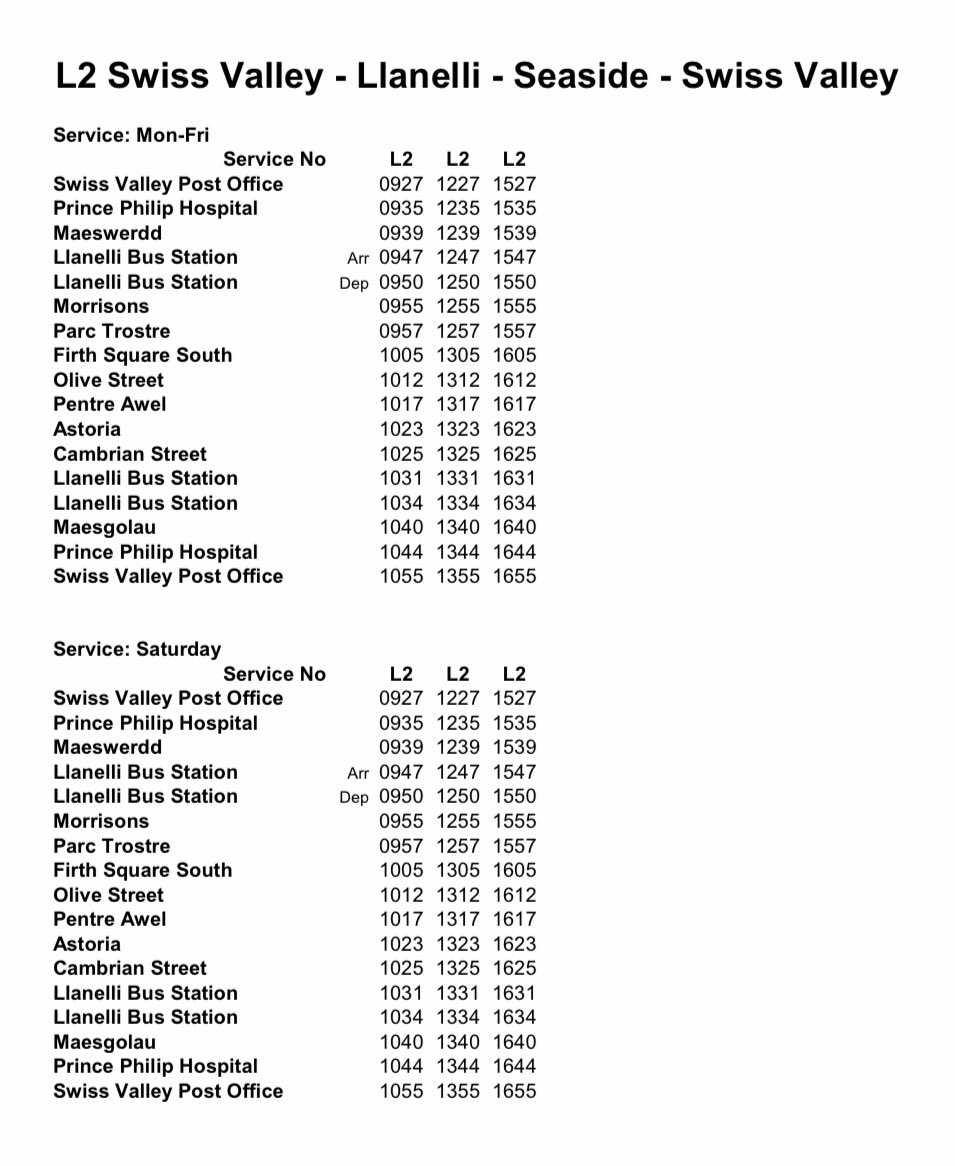 Update for Residents:

From Sunday 31 August 2025, First Cymru have announced their L1 / L2 circular service will now operate via the new ‘Pentre Awel’ development. 🚌✅

Please see below a new bus timetable.

#Glanymor #Llanelli