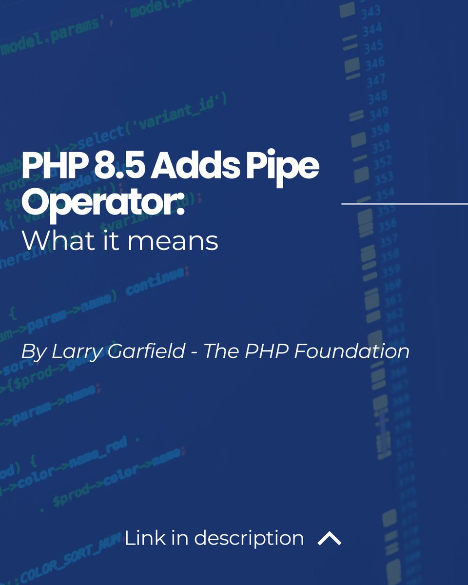 PHPZenOrg's tweet image. PHP 8.5 adds the pipe operator |> 🚀
🔹 Cleaner code
🔹 Fewer temp vars
🔹 Inspired by Unix pipes
Small symbol, big impact.
🔗 Full article: thephp.foundation/blog/2025/07/1…
#PHP85 #PipeOperator #BackendDev #CleanCode #WebDev