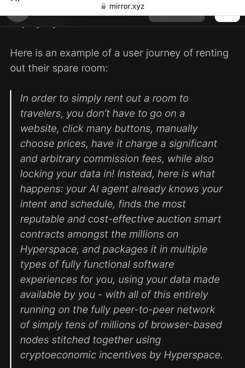 The right world to build for agents is a massively networked one.

This is a writeup explaining Hyperspace from Jan 2023, imagining life in 2025 - how a new type of a P2P networked browser with a state machine at it’s core would enable AI agents to help you rent out a room.