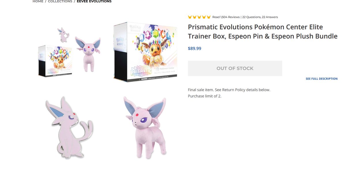 Prismatic Evolutions Pokémon Center ETB with Espeon plush has now been updated to a purchase limit of 2! 

#PokemonTCG #Pokemon