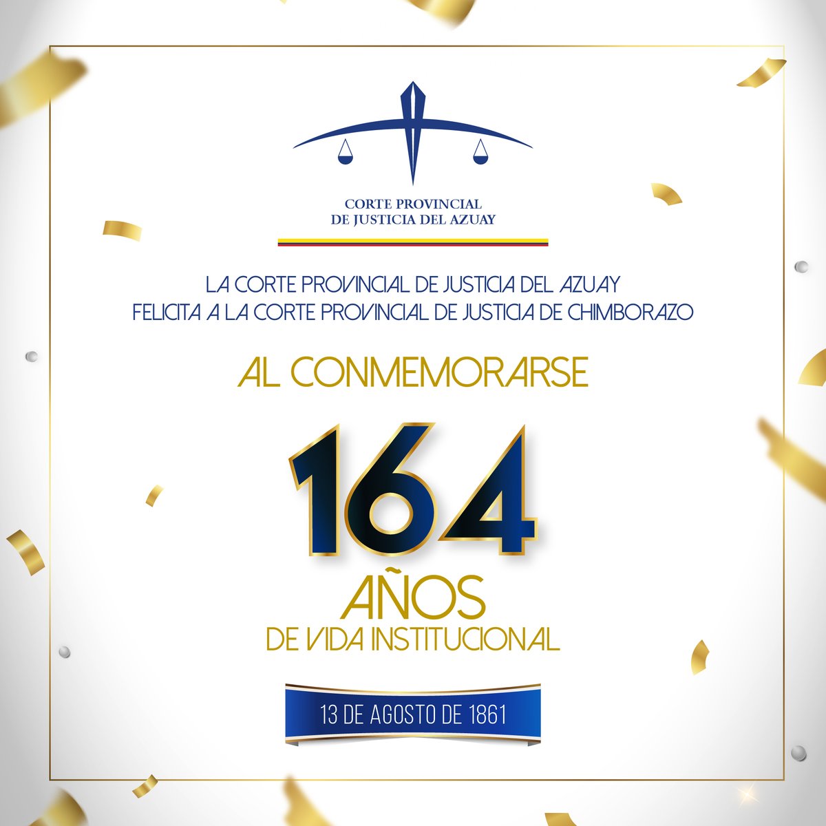 La Presidenta de la <a href="/CorteAzuay/">Corte Provincial de Justicia del Azuay @CorteAzuay</a> Dra. Julia Elena Vázquez <a href="/julia40681/">Julia Vasquez</a>  saluda y felicita a la <a href="/CorteChimborazo/">Corte Provincial de Justicia de Chimborazo</a> por conmemorar 164 años de creación y servicio a la ciudadanía.