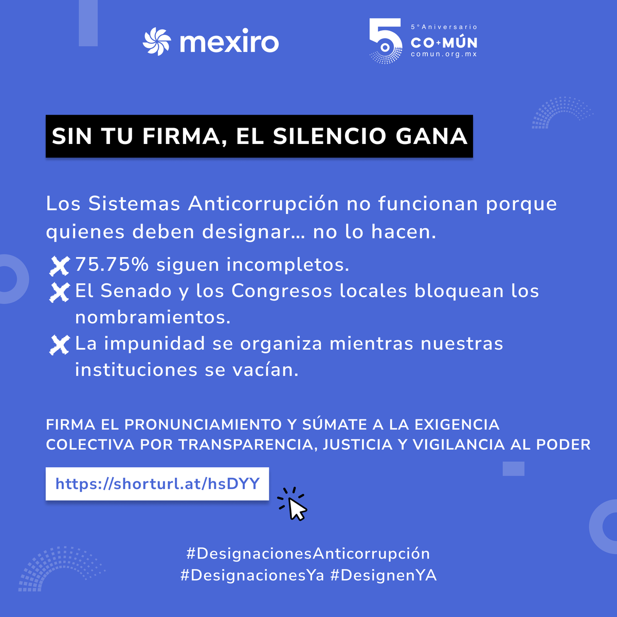 yoMexiro's tweet photo. 👀 +75% de los Sistemas Anticorrupción están incompletos.
Cada día sin vigilancia, la corrupción avanza.
✊🏿 Exige que el Senado y los Congresos actúen.
🖊️ Firma el pronunciamiento 👉🏿 https://t.co/KKaotkrzKm
#DesignacionesYa #DesignenYA #SinDesignacionesNoHayAnticorrupción https://t.co/LQRcG7ON80