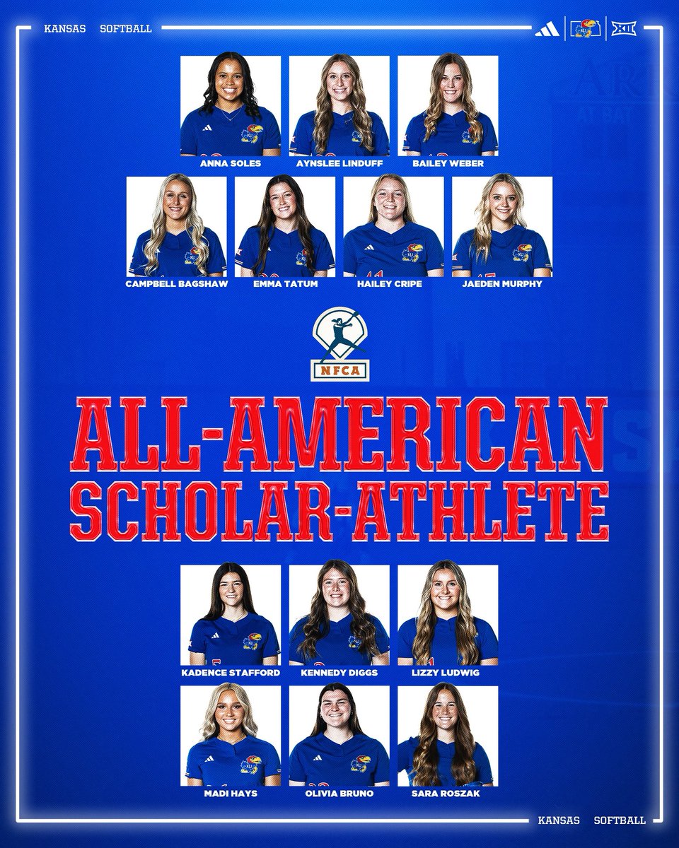 More academic honors for our Jayhawks!

Congratulations to our 13 student-athletes named NFCA All-America Scholar-Athletes 👏