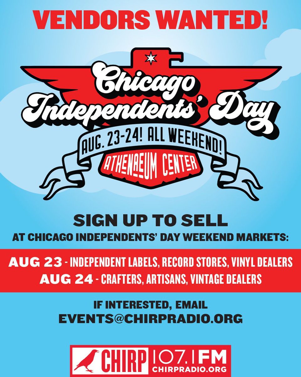 CHIRP Radio 107.1FM (@chirpradio) on Twitter photo Chicago Independents' Day Weekend is coming right up, 8/23 & 24 at the @AthenaeumCenter!
Music & arts markets, panel discussions, comedy, creative space tours + more!
Artists & makers, we still have a few spots open if you'd like to sell. Email events@chirpradio.org for details Chicago Independents' Day Weekend is coming right up, 8/23 & 24 at the @AthenaeumCenter!
Music & arts markets, panel discussions, comedy, creative space tours + more!
Artists & makers, we still have a few spots open if you'd like to sell. Email events@chirpradio.org for details