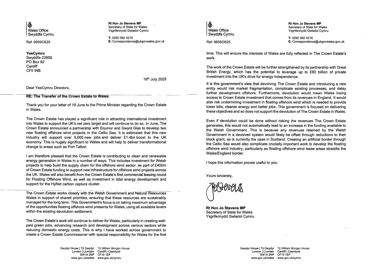 🟥 Westminster betrays Wales – again!
In a letter to YesCymru, Welsh Secretary Jo Stevens MP, on behalf of the UK Government, has officially refused to transfer control of the Crown Estate to Wales.

Despite the backing of all 22 Welsh councils and the clear economic case for