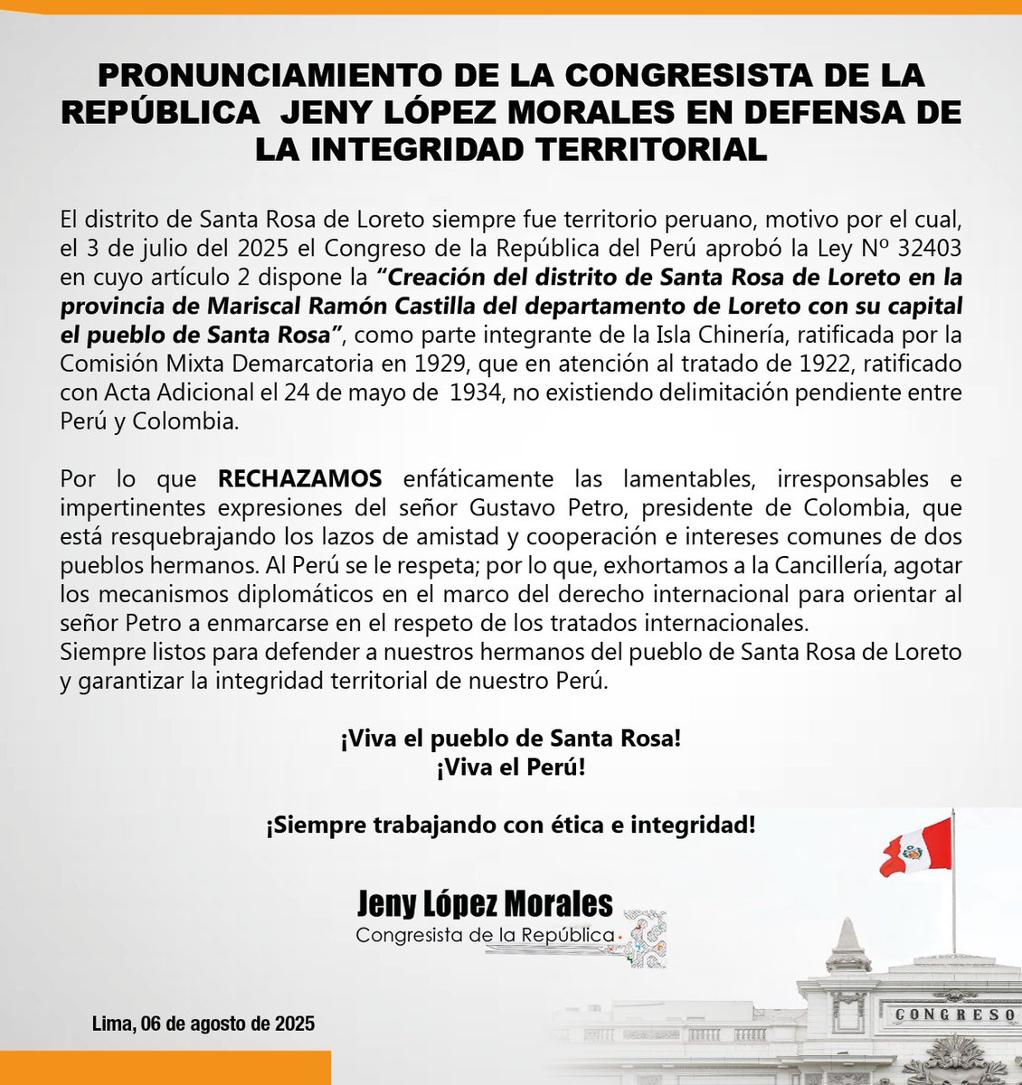Pronunciamiento en defensa de la integridad territorial de nuestro país.