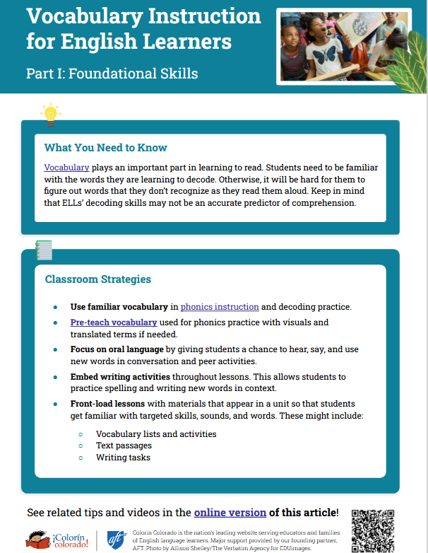 New article and tip sheet! Teaching Vocabulary: Literacy Instruction for ELLs

colorincolorado.org/article/teachi…

This article also links to our new strategy on vocabulary instruction for content areas and our new article on phonics instruction for ELLs.