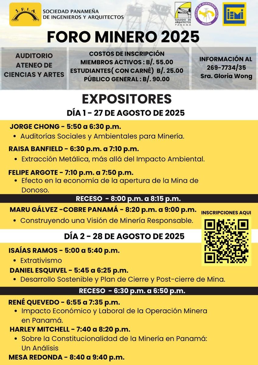 🔶 ¡Participa en el Foro Minero 2025! 🔶
27 y 28 de agosto | 5:30 p.m. – 9:00 p.m.
📍 Ateneo de Ciencias y Artes | Modalidad presencial y virtual
🔗 Accede al formulario a través del siguiente enlace: forms.gle/aAyB47n3cxnAYB…
Más información al 269-7734 /35 con la Sra. Gloria Wong